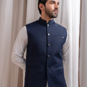 Navy Blue Prince Coat Style Waistcoat with White Kurta