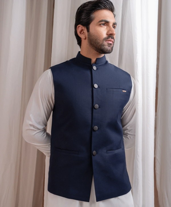 Navy Blue Prince Coat Style Waistcoat with White Kurta