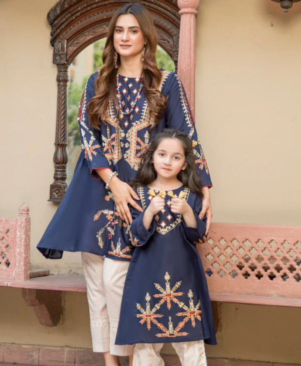 Navy Blue Embroidered Matching Set (Mother & Daughter)