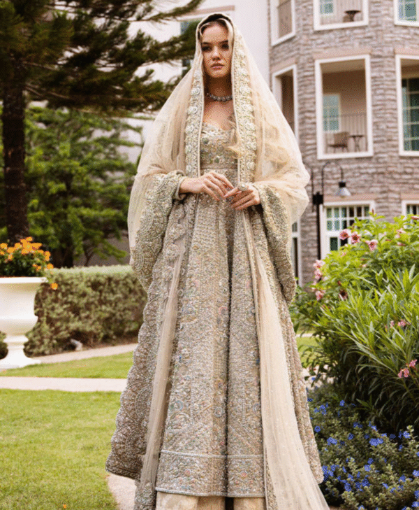 Pastel Pink Heavily Embroidered Bridal Gown with Dupatta