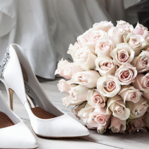 Elegant Satin Bridal Heels with Blush Rose Bouquet
