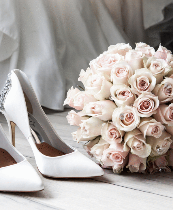 Elegant Satin Bridal Heels with Blush Rose Bouquet