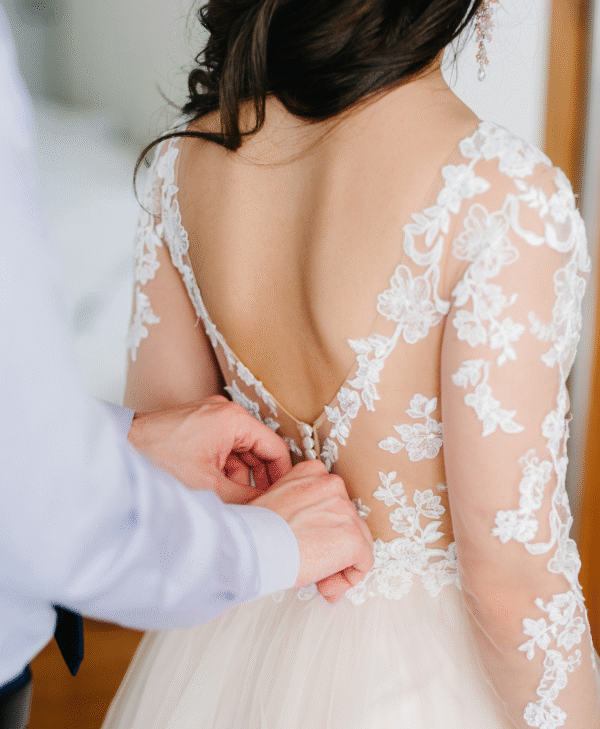 Ethereal Lace Illusion Back Gown – Buttoned Detail Edition