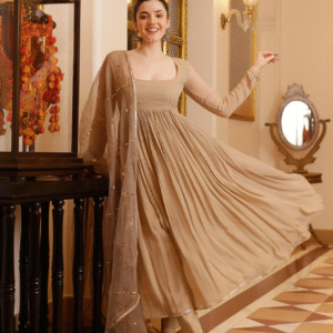 Beige Flowing Anarkali Dress with Dupatta