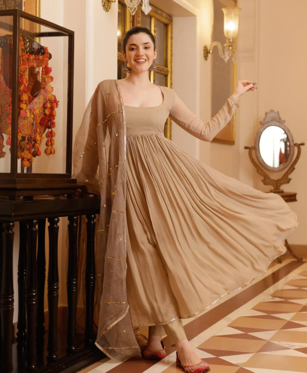 Beige Flowing Anarkali Dress with Dupatta