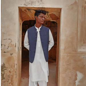 White Kurta with Navy Waistcoat