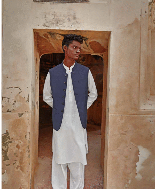 White Kurta with Navy Waistcoat