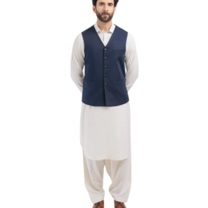 Cream Kurta with Navy Waistcoat