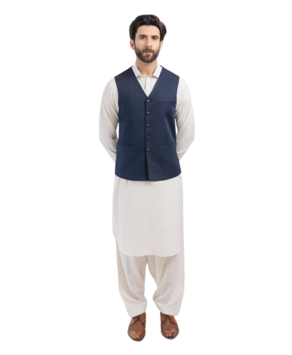 Cream Kurta with Navy Waistcoat