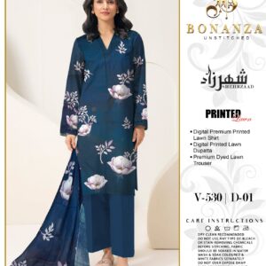 Bonanza Sheherzaad Unstitched Lawn Collection – Design V-530 | D-08 – 3 Piece Vibrant Digital Printed Lawn Suit
