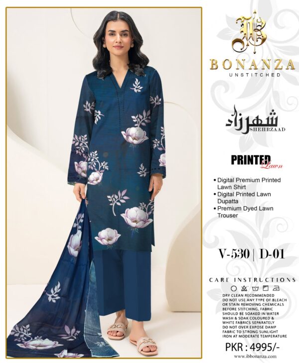 Bonanza Sheherzaad Unstitched Lawn Collection – Design V-530 | D-08 – 3 Piece Vibrant Digital Printed Lawn Suit