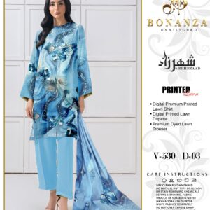 Bonanza Sheherzaad Unstitched Lawn Collection – Design V-530 | D-07 – 3 Piece Sophisticated Digital Printed Lawn Suit