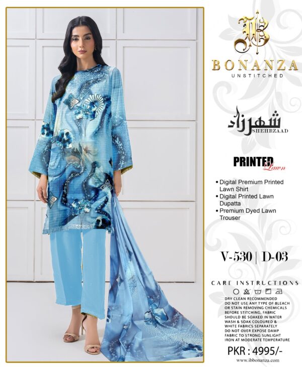 Bonanza Sheherzaad Unstitched Lawn Collection – Design V-530 | D-07 – 3 Piece Sophisticated Digital Printed Lawn Suit