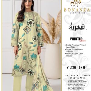 Bonanza Sheherzaad Unstitched Lawn Collection – Design V-530 | D-04 – 3 Piece Elegant Digital Printed Lawn Suit