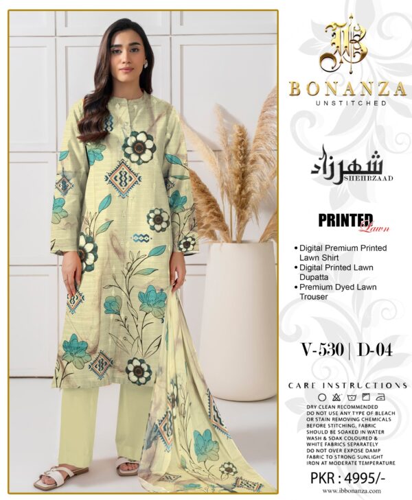 Bonanza Sheherzaad Unstitched Lawn Collection – Design V-530 | D-04 – 3 Piece Elegant Digital Printed Lawn Suit