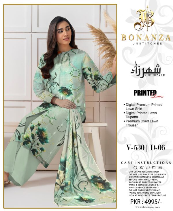 Bonanza Sheherzaad Unstitched Lawn Collection – Design V-530 | D-05 – 3 Piece Artistic Digital Printed Lawn Suit