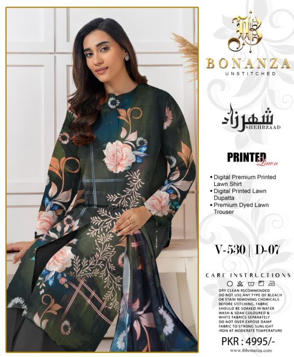 Bonanza Sheherzaad Unstitched Lawn Collection – Design V-530 | D-03 – 3 Piece Digital Printed Premium Lawn Suit