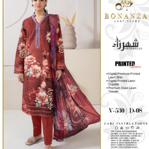 Bonanza Sheherzaad Unstitched Lawn Collection – Design V-530 | D-01 – 3 Piece Luxury Digital Printed Lawn Suit