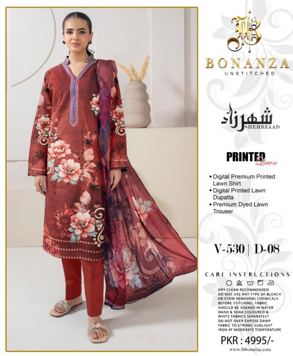 Bonanza Sheherzaad Unstitched Lawn Collection – Design V-530 | D-01 – 3 Piece Luxury Digital Printed Lawn Suit