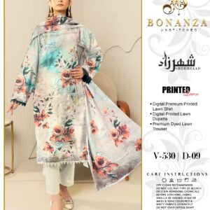 Bonanza Sheherzaad Unstitched Lawn Collection – Design V-530 | D-02 – 3 Piece Luxury Digital Printed Lawn Suit