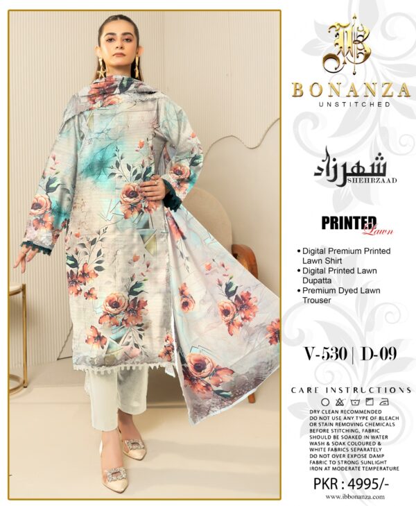 Bonanza Sheherzaad Unstitched Lawn Collection – Design V-530 | D-02 – 3 Piece Luxury Digital Printed Lawn Suit